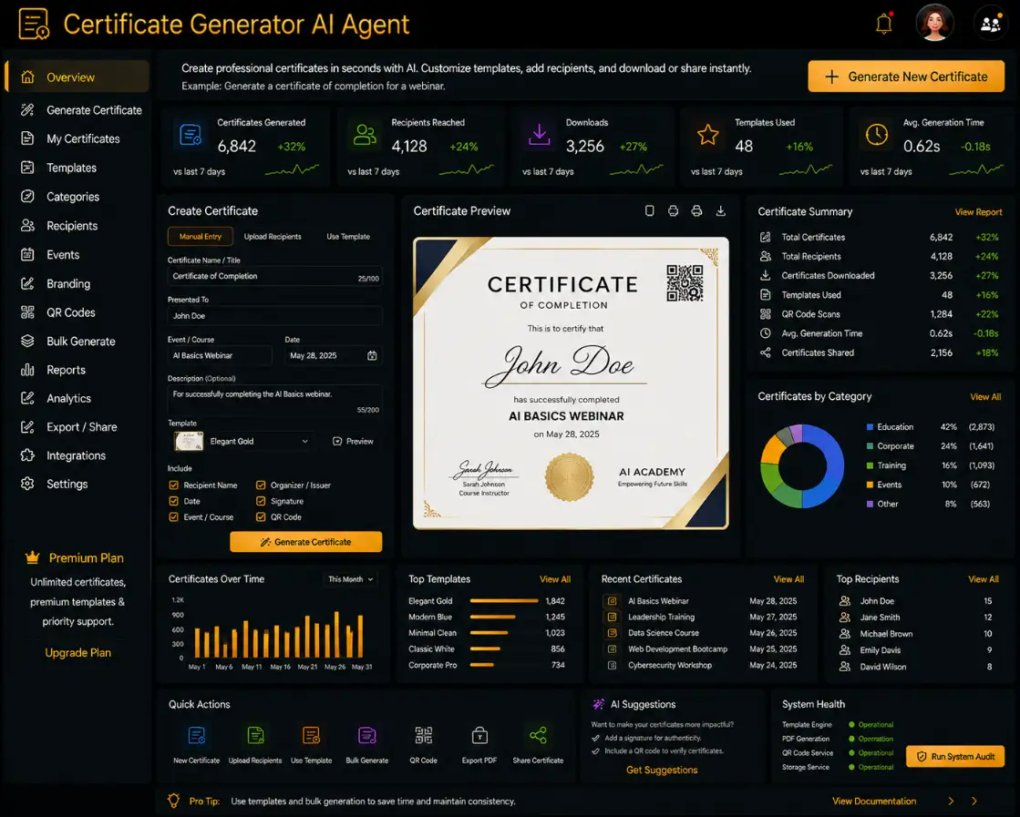 certificategenerator.app AI certificate generator app — certificate dashboard preview